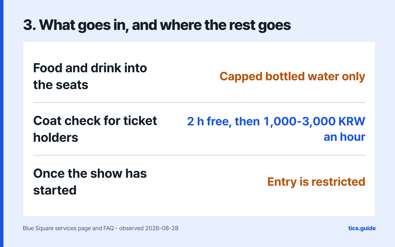 What goes in and where the rest goes, giving capped bottled water only as the food and drink allowed into the seats, a coat check for ticket holders that is two hours free then 1,000 to 3,000 won an hour, and entry restricted once the show has started