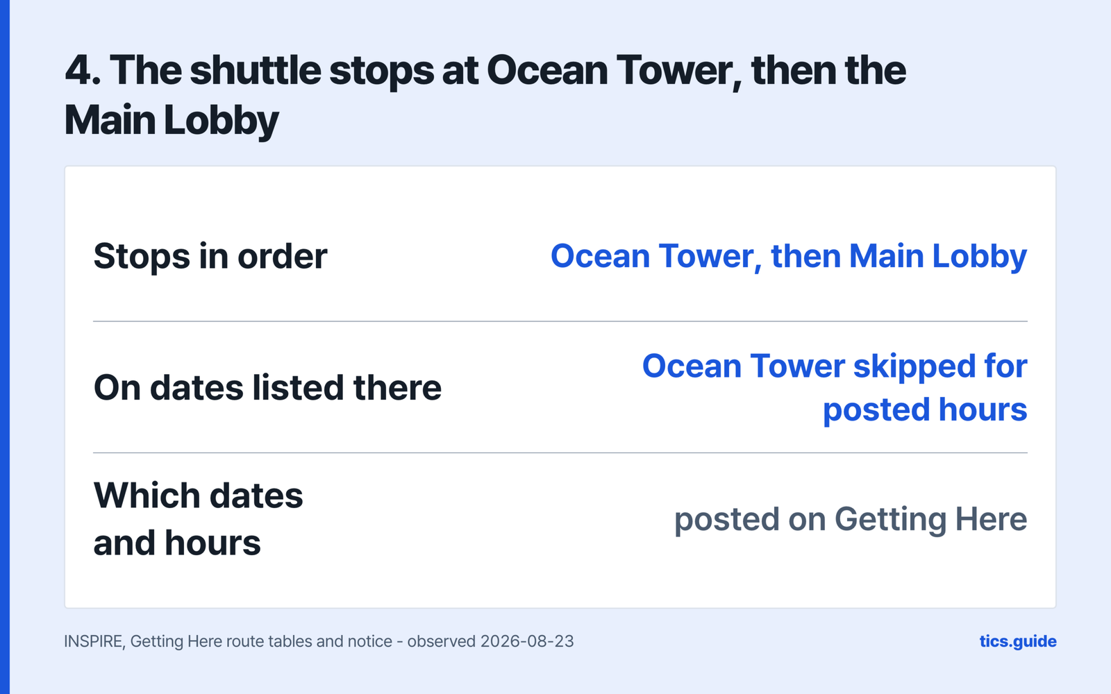 The shuttle stops at Ocean Tower and then Main Lobby, and on the dates listed on the Getting Here page Ocean Tower is skipped for the hours posted against each date