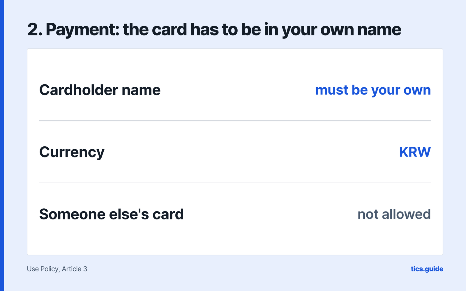 Payment panel headed the card has to be in your own name, showing the cardholder name must be your own, currency in KRW, and another person's card not allowed