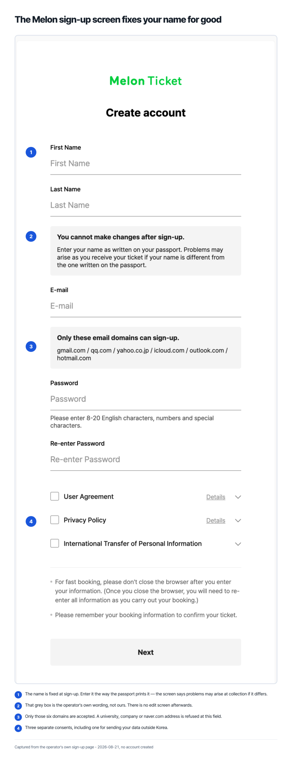 The Melon Ticket Global sign-up screen fixes your name for good, captured - first and last name as written on the passport and fixed after sign-up, an email limited to six domains, a password of 8 to 20 characters, and three consent checkboxes