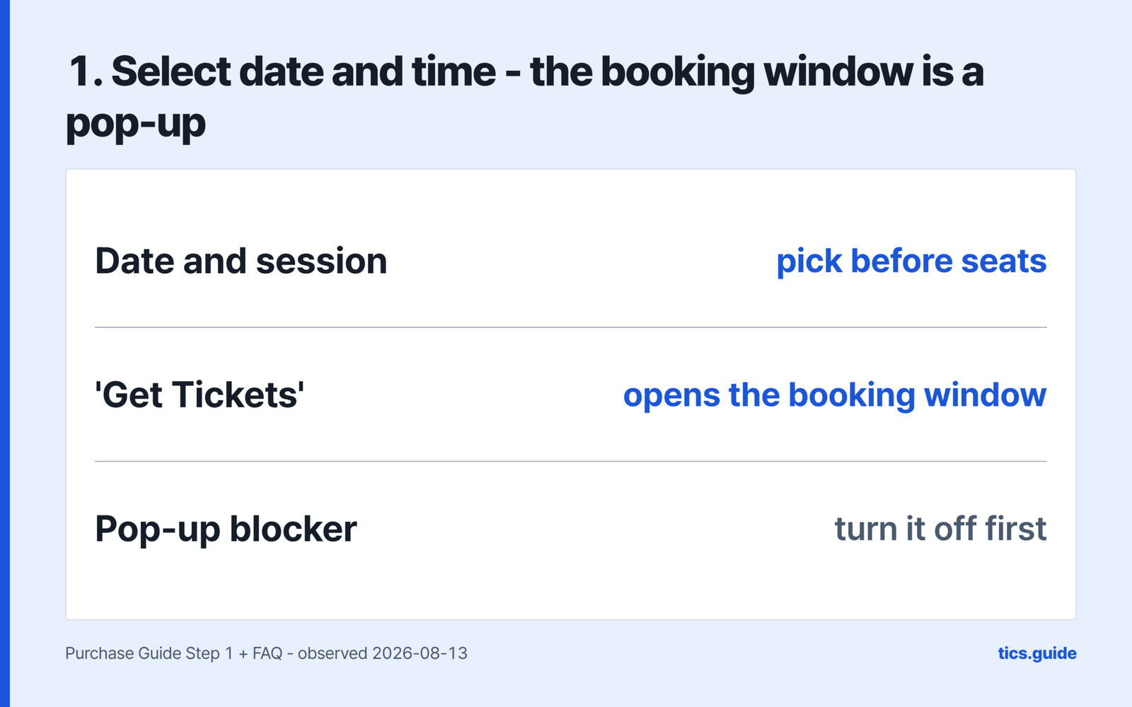 Step one, the booking window is a pop-up - select the date and session before seats, open the window with Get Tickets, and turn the pop-up blocker off