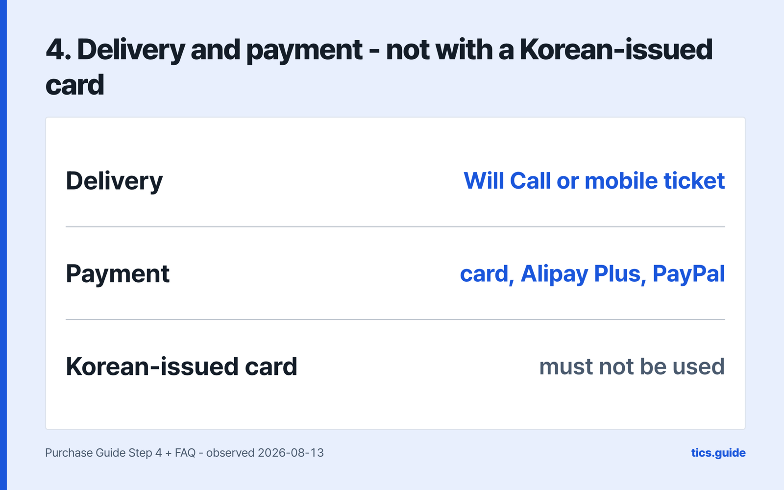 Step four, not with a Korean-issued card - set Will Call or a mobile ticket and pay by card, Alipay Plus or PayPal