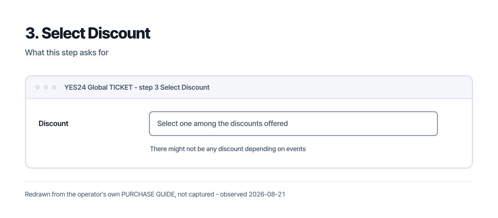 Step three selects one of the discounts offered, and the guide notes there might not be any discount depending on the event